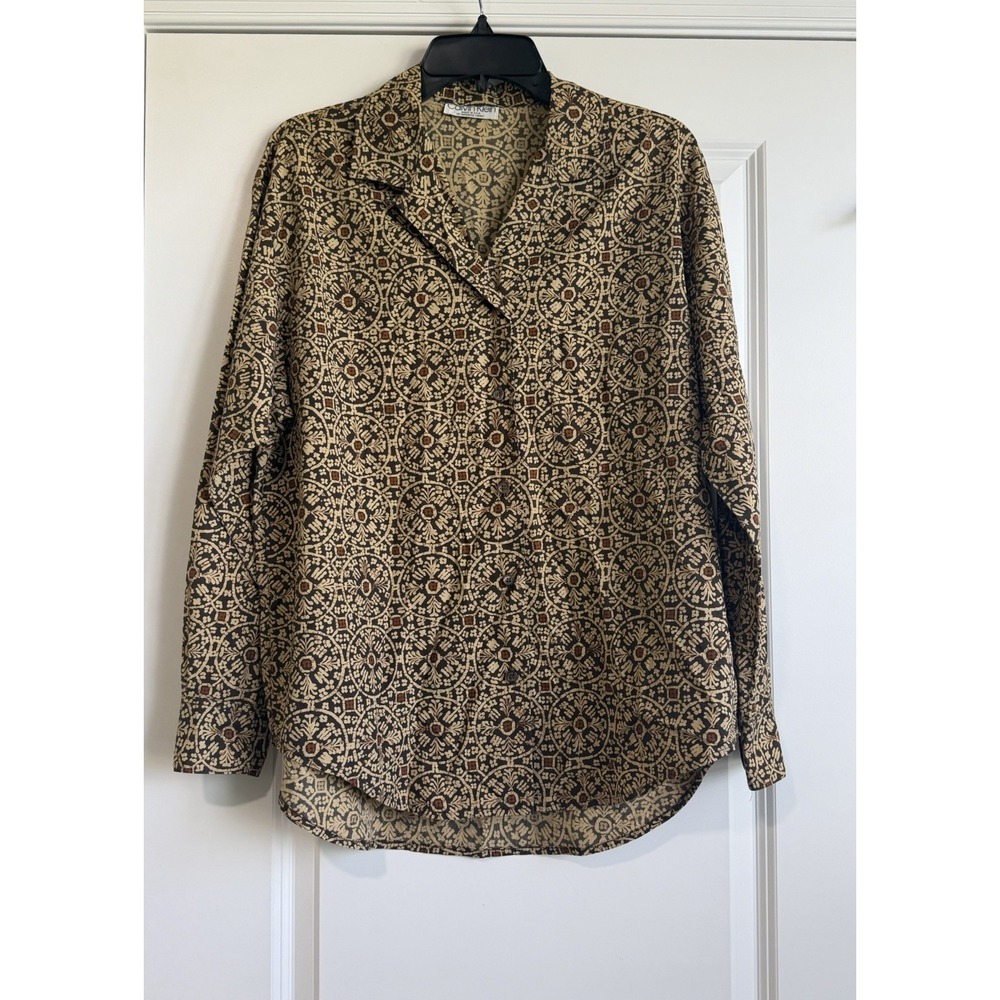 Vintage Calvin Klein Women's Long Sleeve Button Down Earth-Toned Geometric Shirt